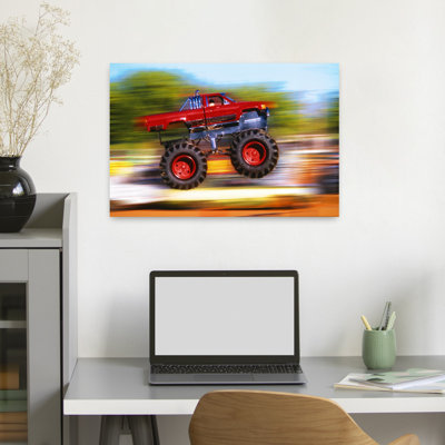 Big Wheeled Red Truck Jumping Blurred Background Classic Retro Vintage Wall Art