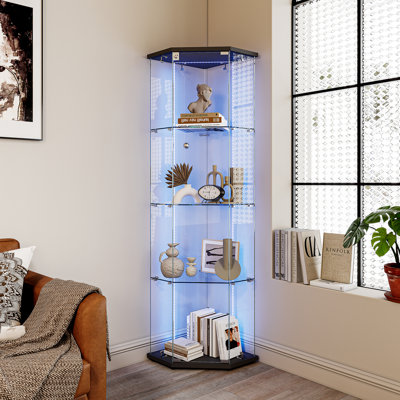 Corner Single Door 4-Tier Glass Display Cabinet With LED Lights