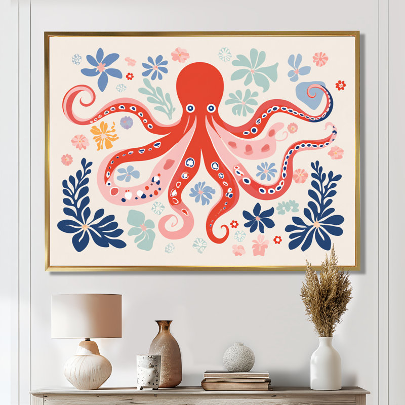 Illustration rétro de la pieuvre rouge océan profond - pieuvre / calmar, Toile flottante dorée encadrée, H 34 po x l 44 po