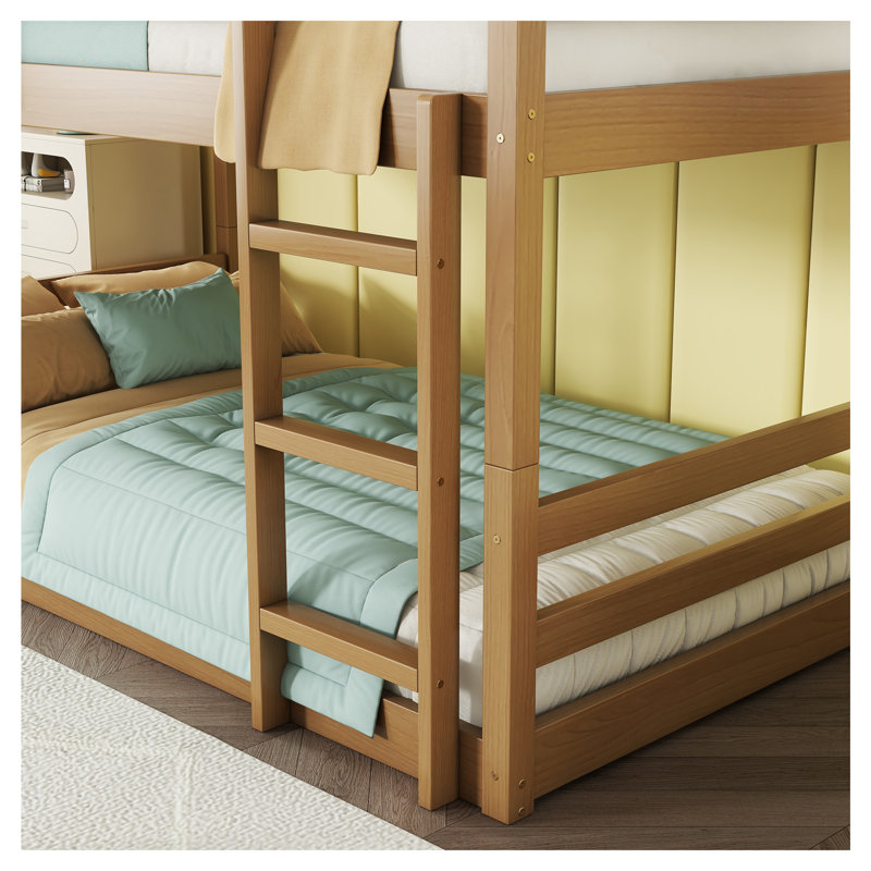 Solid Rubber Wood Triple Bunk Bed, 3-Tier Wooden Bunk Bed Frame With Guardrails & Ladder, Space Saving Heavy Duty Bunk Bed For Kids, Teens & Adults, No Box Spring Needed
