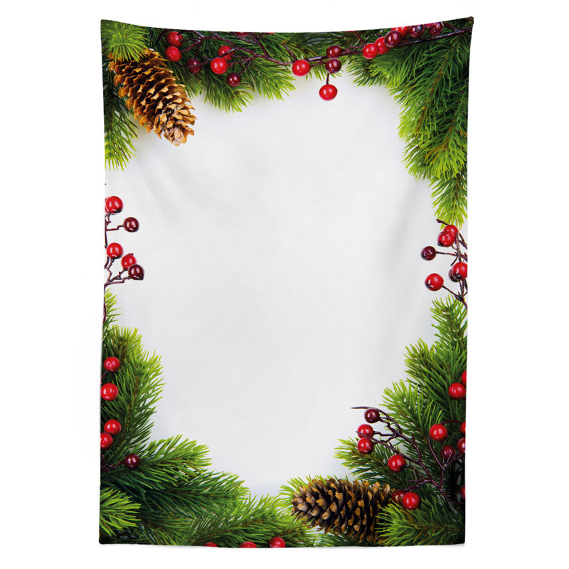 Xmas Frame with Holly Berry Pine Cone Natural Wreath Composition Tablecloth, 90" x 60"