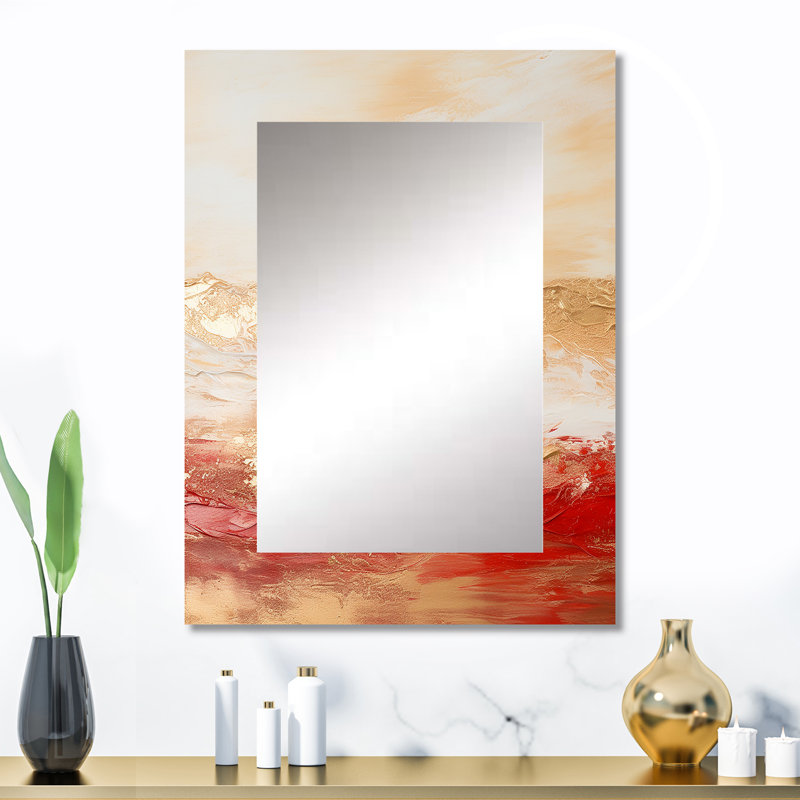 Gold And Red Soft Wave Fusion I - Abstract Shapes Decorative Mirror, Modern Wall Mirror, Printed Metal Art, 32" x 24"