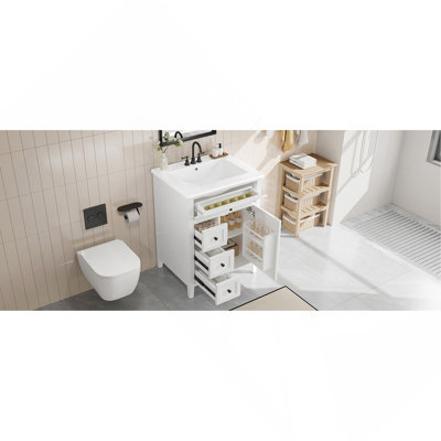 Meuble-lavabo blanc 24 po avec lavabo, panneau de fibres à densité moyenne et bois d'hévéa, 3 tiroirs et armoire avec tablettes réglables, conception moderne pour les petites et moyennes salles de bain