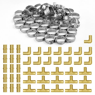Raccords de tuyaux, raccords de tuyaux en laiton de 1/2 po 45PCS (15x droit, 15x coudes, 15x Tees), raccords d'air en laiton à raccord de tuyau, adaptateur de raccords de plomberie pour systèmes de chauffage / douche, tuyaux d'eau