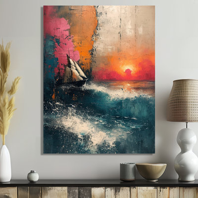 Impression d'art mural blanc, voilier sauvage, vagues rétro, plage et océan