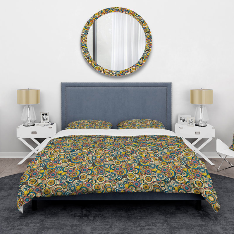 Retro Brown and Blue Flowers VI - Ensemble de housse de couette moderne - Microfibre de polyester