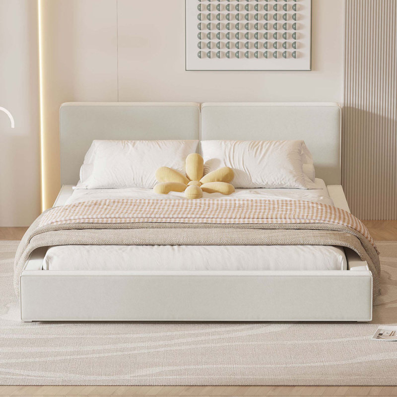 Grand lit plateforme tapissier avec tissu en velours, Beige