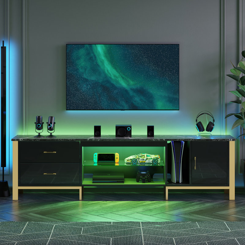 Hollydale 80'' W Modern TV Stand for up to 80 inches TV, Glossy Media Console with Adjustable Glass Shelve, LED TV Stand with storage