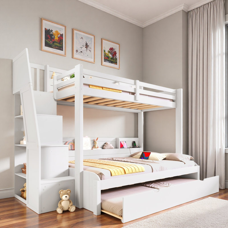 Lit superposé avec escalier de rangement, lit gigogne, tablettes de rangement, DEL et USB, Blanc / Blanc