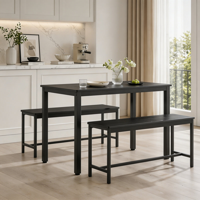 Dining Table Set, Bar Table with 2 Dining Benches, Grey