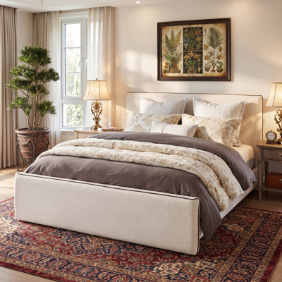 Grand lit plateforme tapissier avec tissu en lin et tête de lit épaisse, beige
