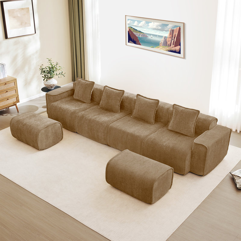 Boneless Modular U Shape Sectional Boneless Sofa Streamlined Design With French Edge Piping, No Assembly Required, Sofa Couch With Throw Pillows And 2 Movable Ottoman, Velvet Fabric