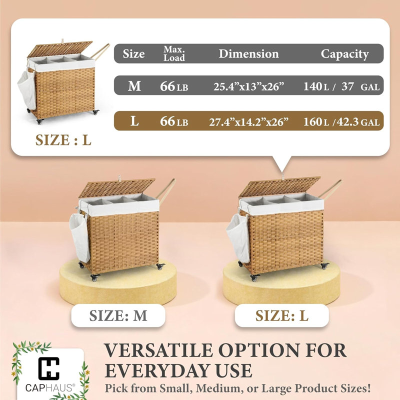 CAPHAUS Rattan Laundry Basket with Wheels, 140L-160L Capacity, Removable Liner Bags, 3colors, 26" H x 14.2" W x 27.4" D
