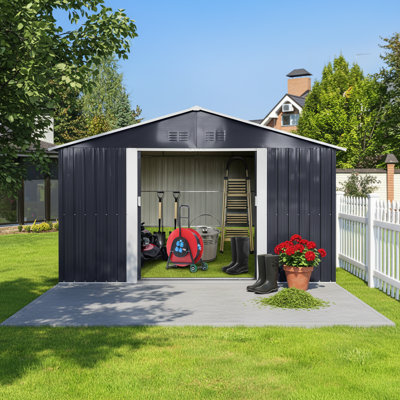 11.2 FT x 10.6 FT Rectangular Metal Storage Shed with Window & Sliding Door, Grey