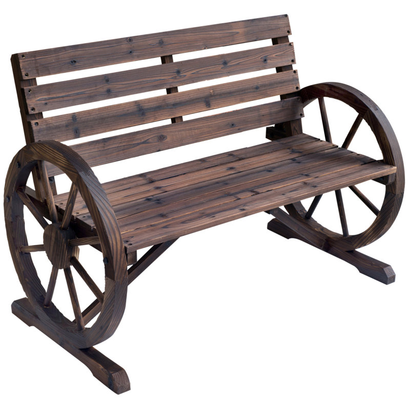 Outsunny 41" Wooden Wagon Wheel Bench, Rustic Outdoor Patio Weather Resistance Furniture, 2-Person Slatted Seat Bench With Backrest, Carbonized