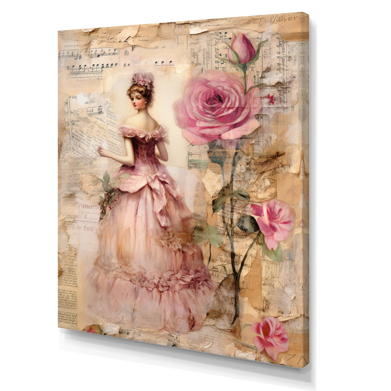 «Victorian Lady Pink Roses Rustic Vintage I - Rose», art mural encadré, H 20 po x l 12 po x P 1 po, Toile tendue