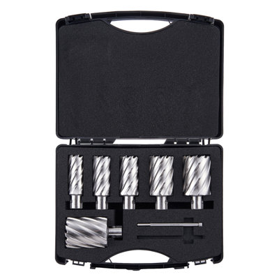 Annular Cutter Set, 6 pcs Universal Shank Mag Drill Bits, 1" to 2" Cutting Diameter, 2" Cutting Depth, M2AL High-Speed Steel, with 2 Pilot Pins and Portable Case, for Using with Magnetic Drills