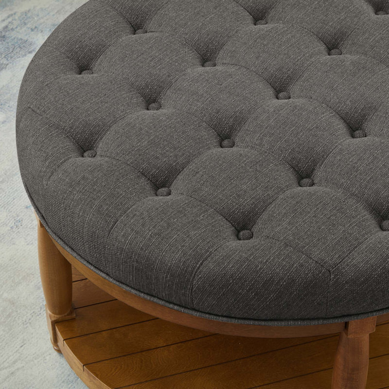 Large Round Upholstered Tufted Linen Ottoman Coffee Table, Large Footrest Ottoman with Solid Wood Shelf-Granite, Charcoal