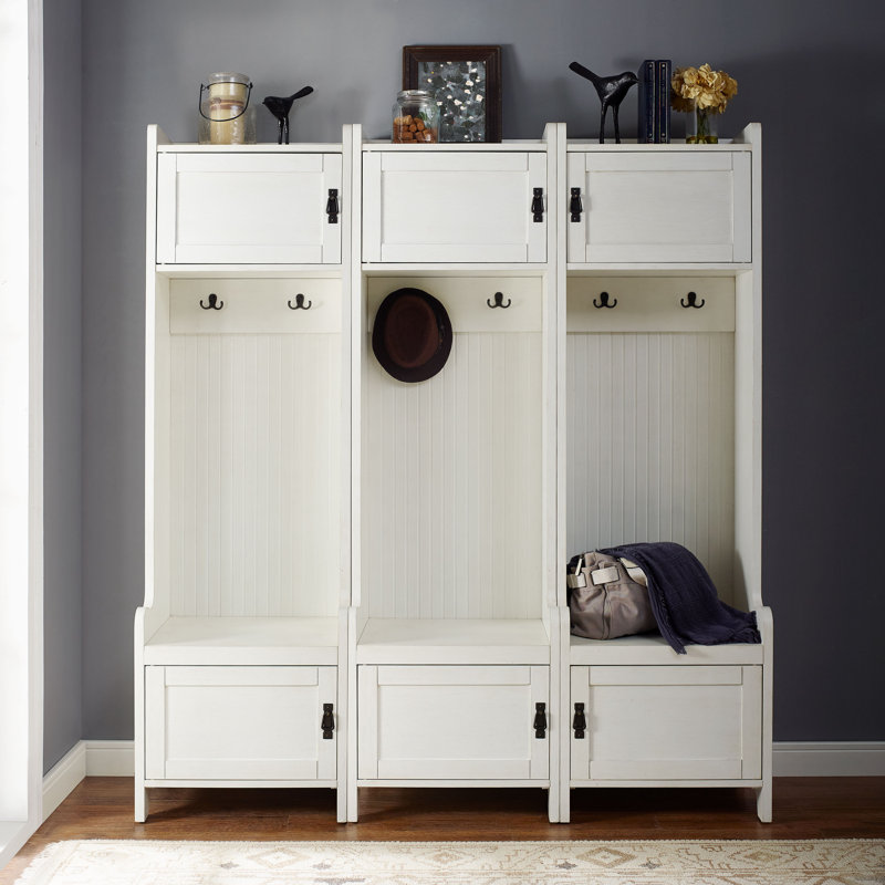 Jones Street Hall Tree 66.38'' Wide with Shoe Storage, Distressed White