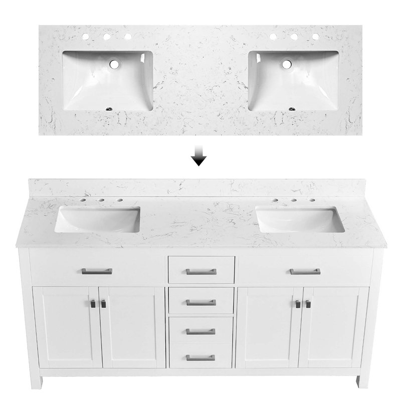 Meuble-lavabo autoportant avec quatre portes, deux lavabos et une structure en bois massif pour un rangement et un style élégants