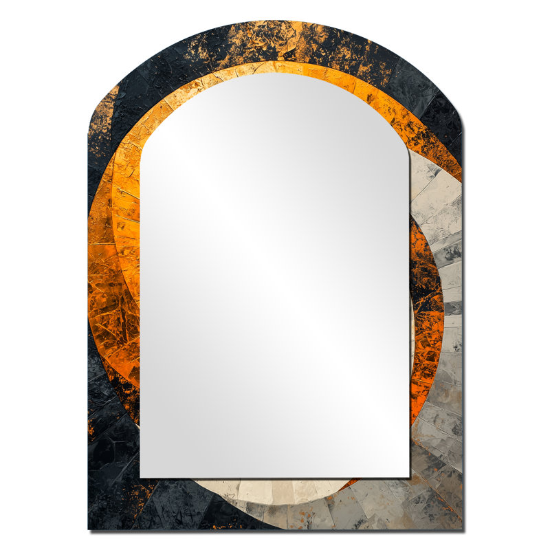 Black Golden Vortex Geometric Spiral II - Black Modern Arch Wall Mirror, 34" x 25"