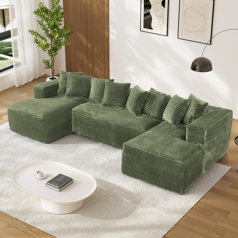 Canapé modulaire surdimensionné avec coussins Adame Boneless Compression, Velours côtelé vert, En form de U, Symétrique