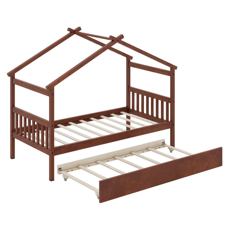 Annais Wooden House Bed with Trundle, Walnut, Twin