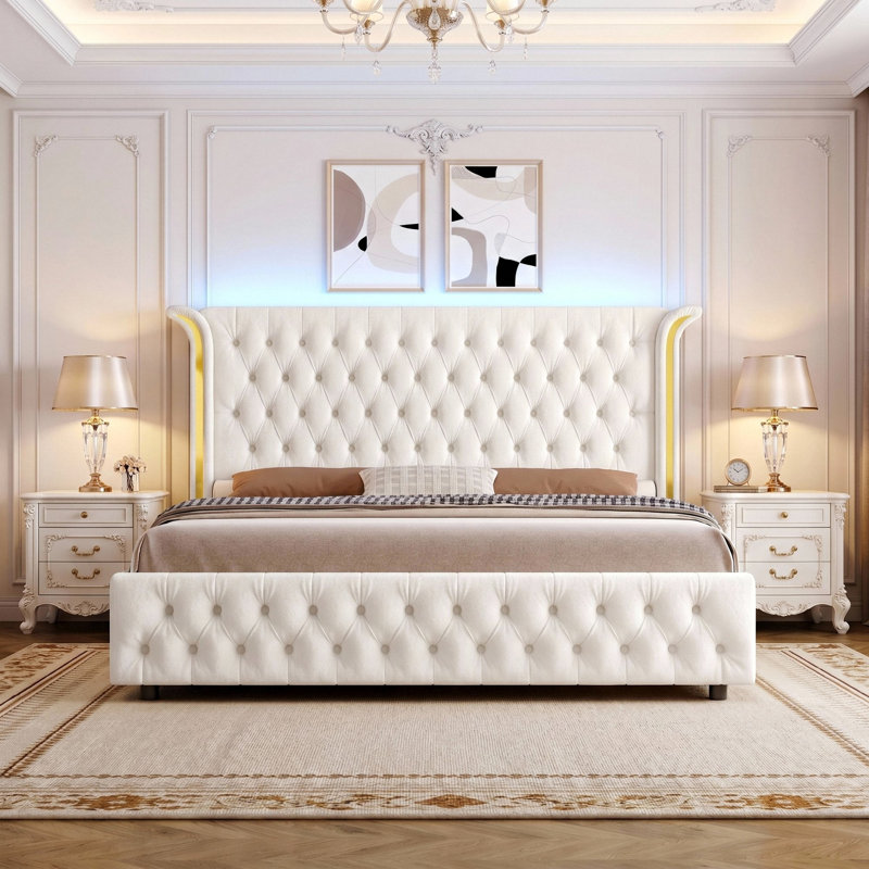 Ellaville Bed Frame Tall Wingback Headboard Velvet Upholstered Deep Button Tufted Platform Bed with LED Wall Washer Lighting