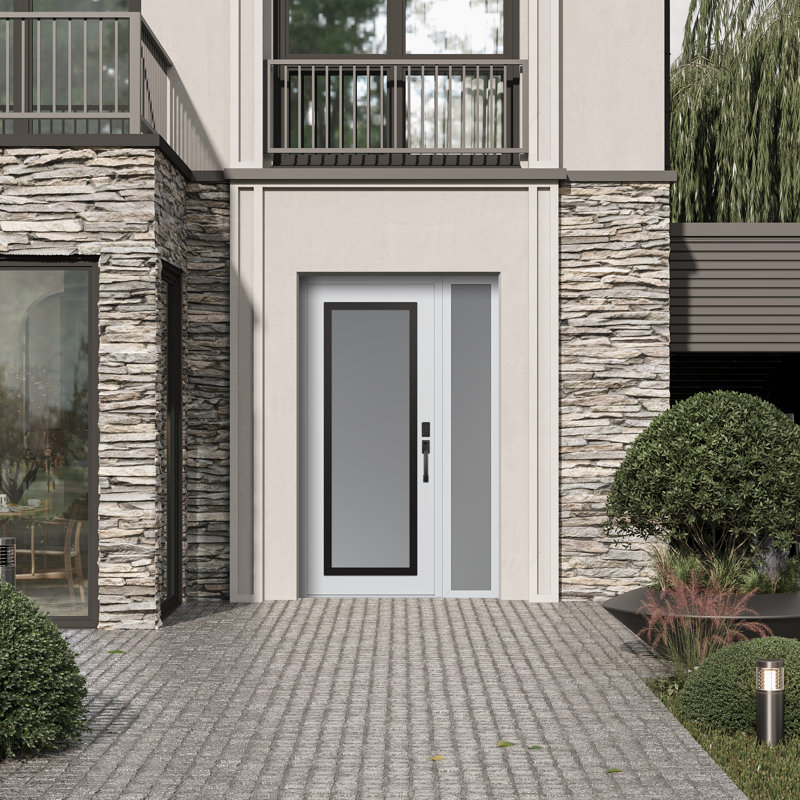 Panneau d'entrée blanc en acier blanc clouté blanc / blanc avec porte d'entrée latérale Sidelite, L 51,25 po x H 81,69 po