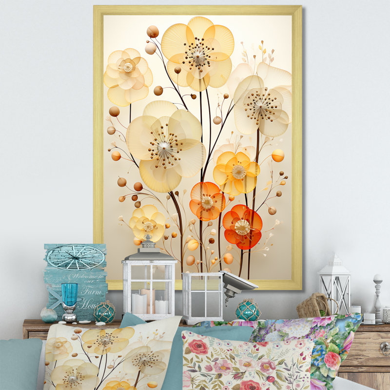 «Yellow Flora Fantasy - Botanicals», art mural, Encadrement doré, H 20 po x l 12 po x P 1 po
