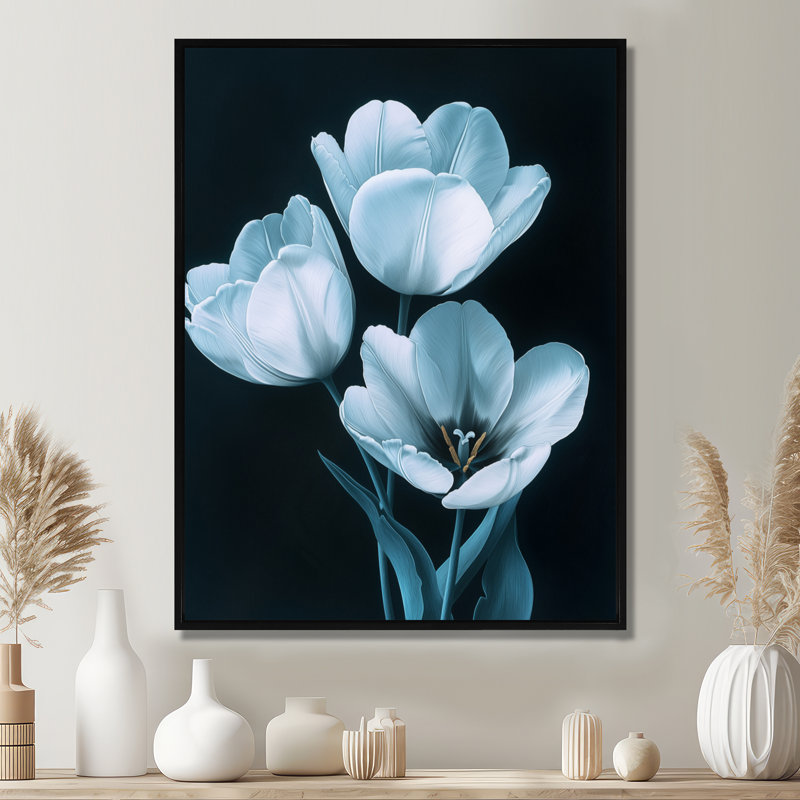 Tulipes bleues et blanches, Noir, Reproduction avec cadre flottant, H 20 po x l 12 po