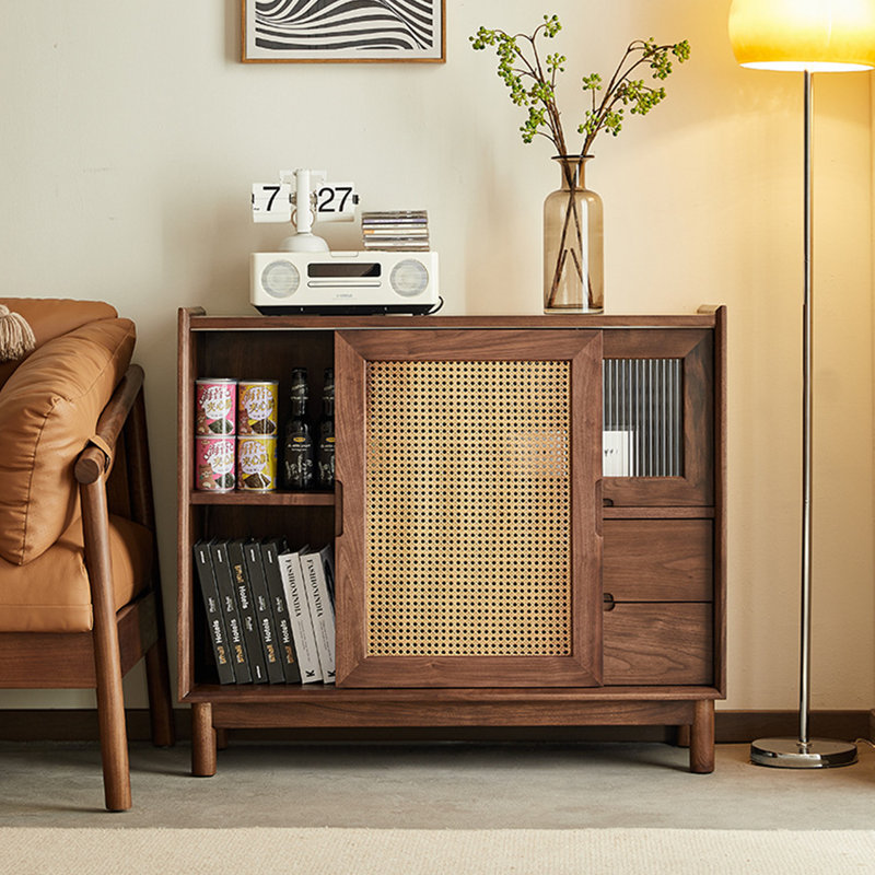 Rattan Weave Glass Door Groove Accent Cabinet