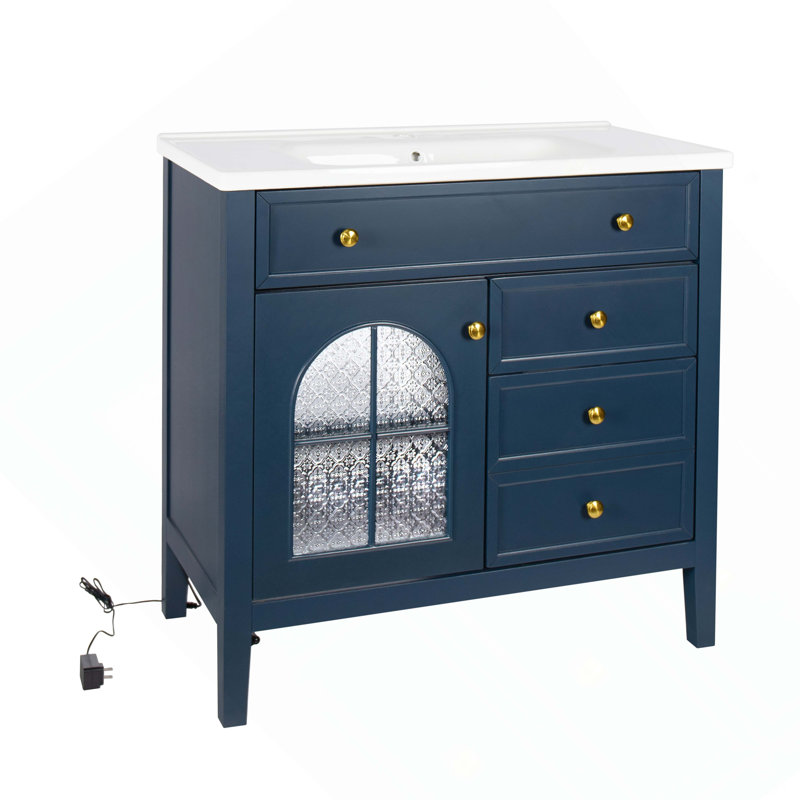 Meuble-lavabo de salle de bain 35,6 po Mid-Century, Bleu