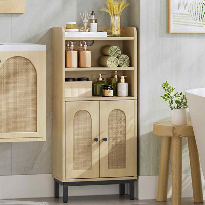 Armoire de rangement pour salle de bain, petite armoire de plancher avec 2 portes et tablettes, armoires à papier hygiénique, organisateur de salle de bain avec tablette réglable, pour petits espaces - jaune
