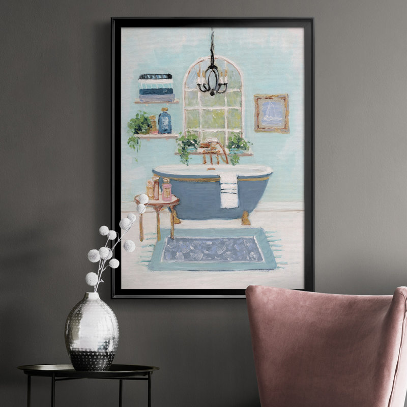 «Blue Bath I», peinture sur toile encadrée, H 26,5 po x l 36,5 po x P 1,5 po, Noir