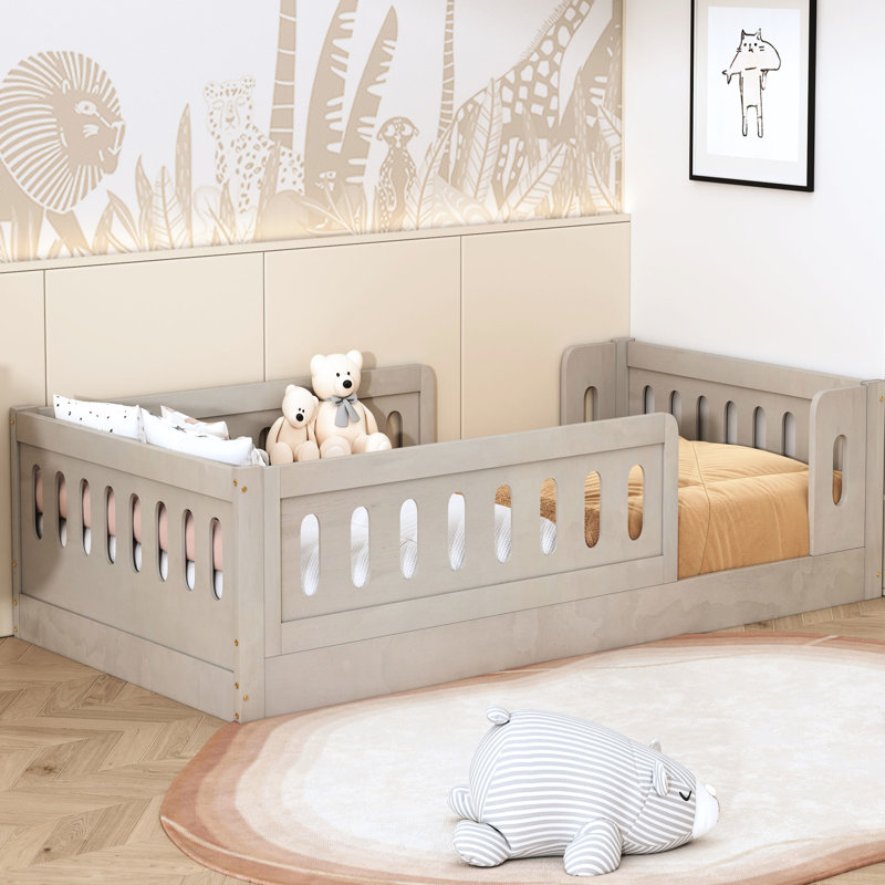 Lit simple en bois avec garde-corps - Plateforme de durabilité durable de couleur naturelle, fabrication