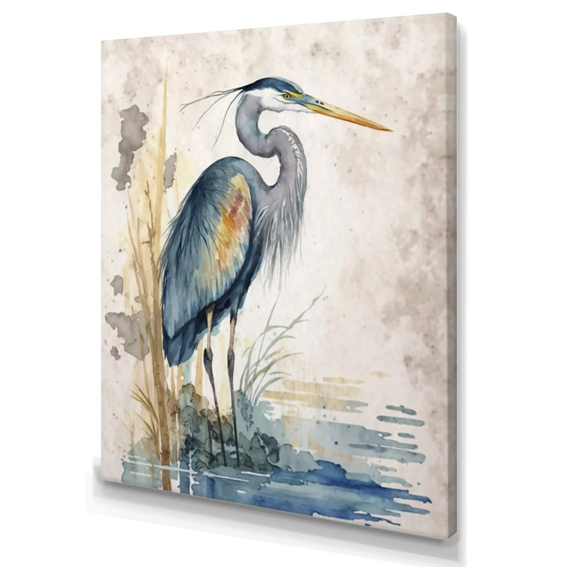 «Whylie Heron By The Waterside Watercolor I», reproduction d'art sur toile, H 32 po x l 16 po, Toile tendue, Sans cadre