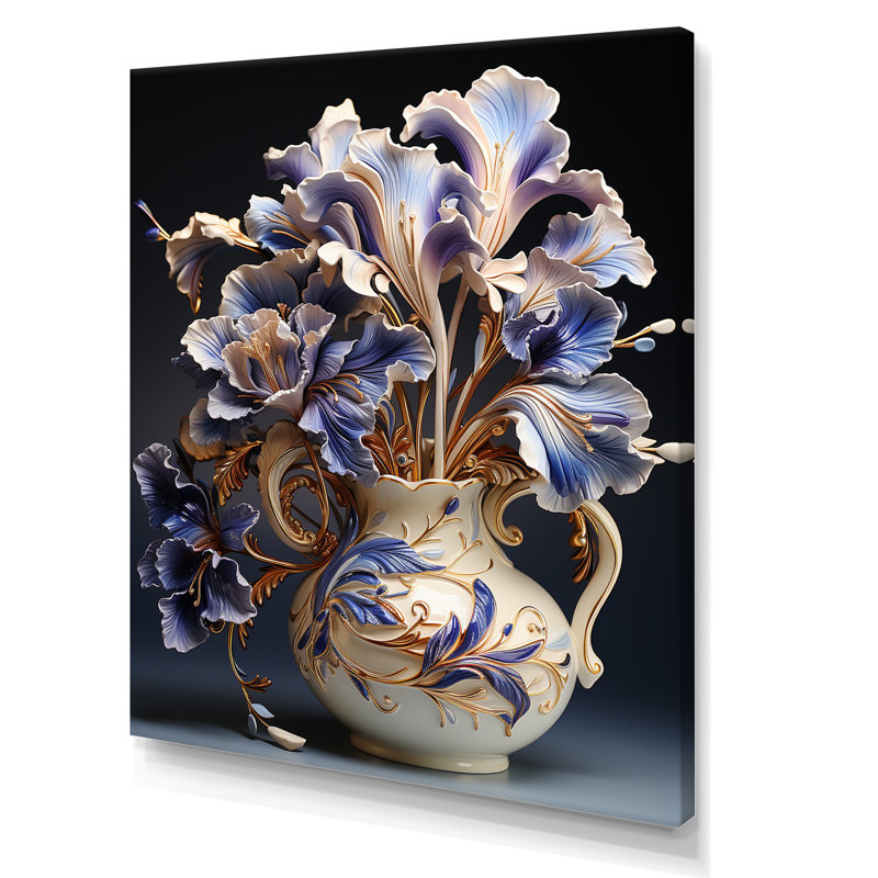 Iris ornés de feuilles dorées dans un vase, reproduction d'art sur toile, Toile tendue, H 40 po x l 30 po x P 1,5 po
