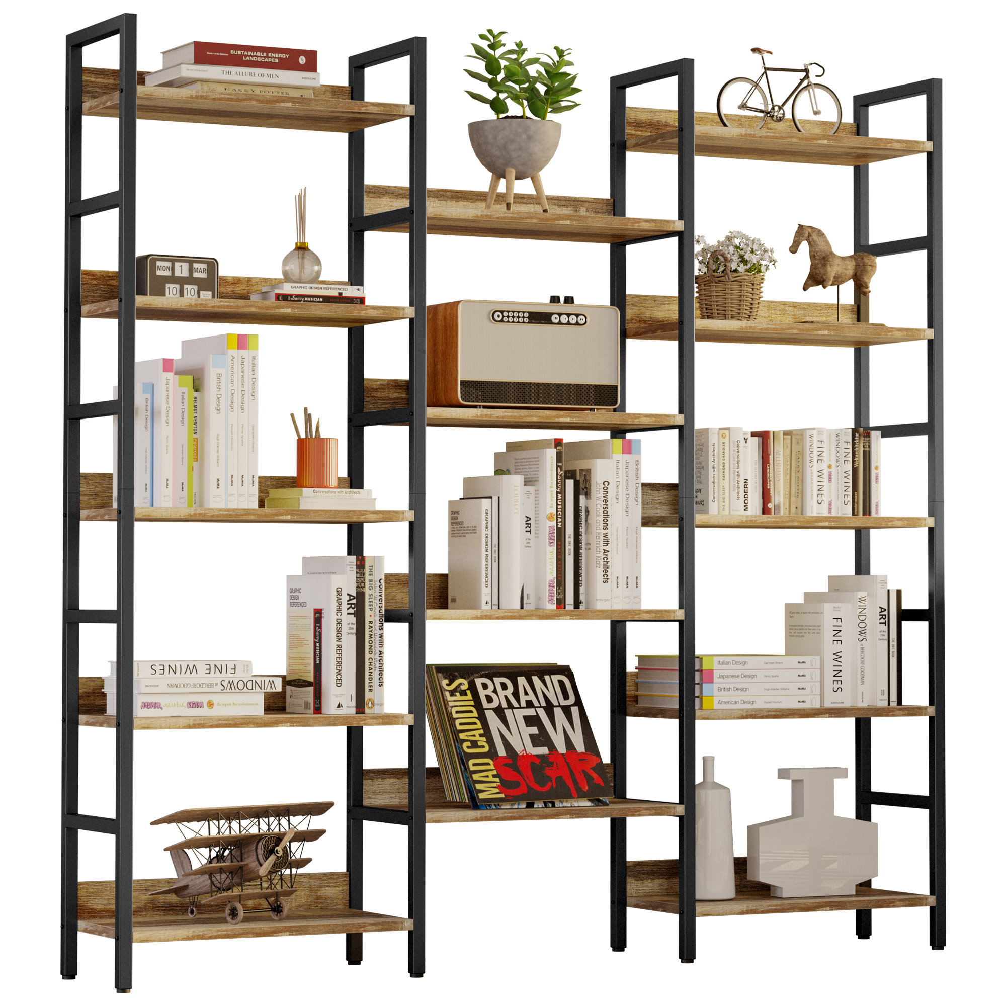 17 Stories Bookcases And Bookshelves Triple Wide 5 Tiers Industrial Bookshelf With Baffles Large