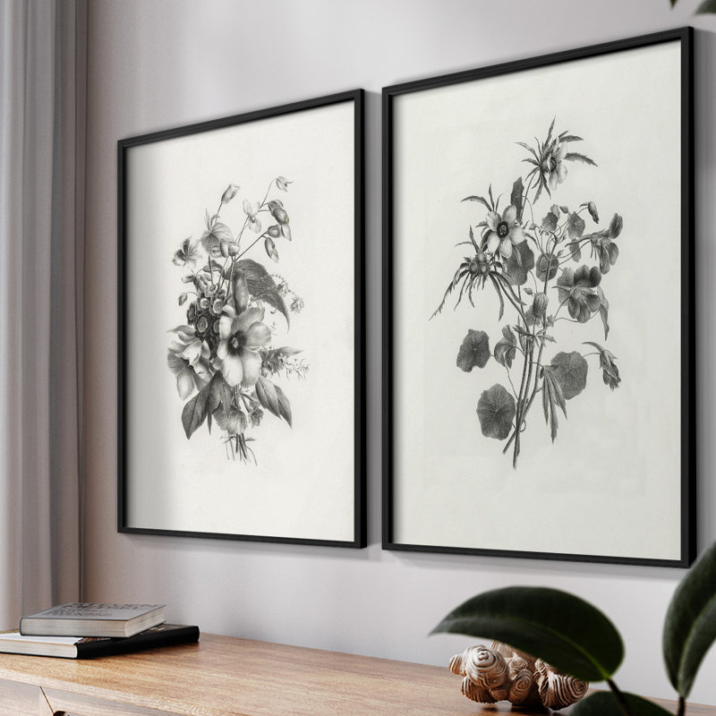 Vintage Floral LXV III - Ensemble de 2 reproductions de cadres d'angle fermés, Noir, H 14 po x l 22 po