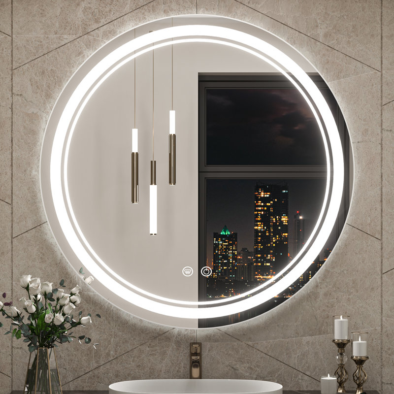 Lashonta Round Frameless Frontlit Bathroom Mirror with Stepless Brightness Adjustment, 3 Color Temperature & Defog Function