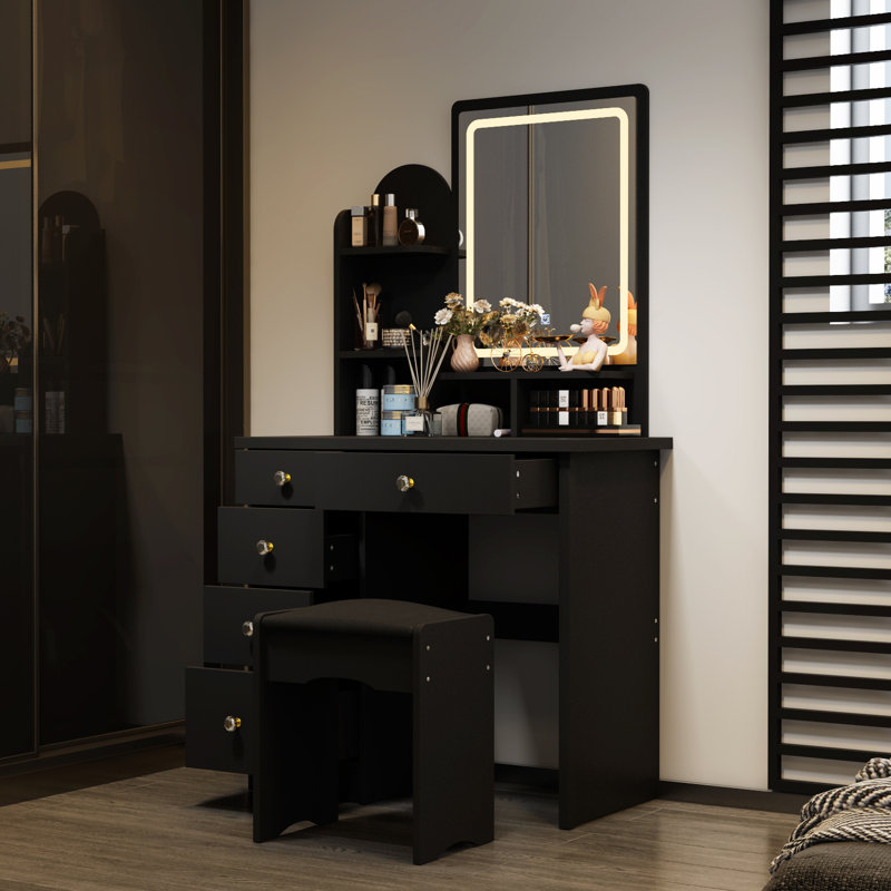 Ensemble de meuble-lavabo l 31,5 po avec miroir à DEL 3 couleurs et 5 tiroirs de rangement , Noir