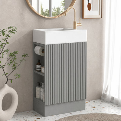 Meuble-lavabo moderne 18,6 po avec lavabo en céramique et tablettes de rangement - gris