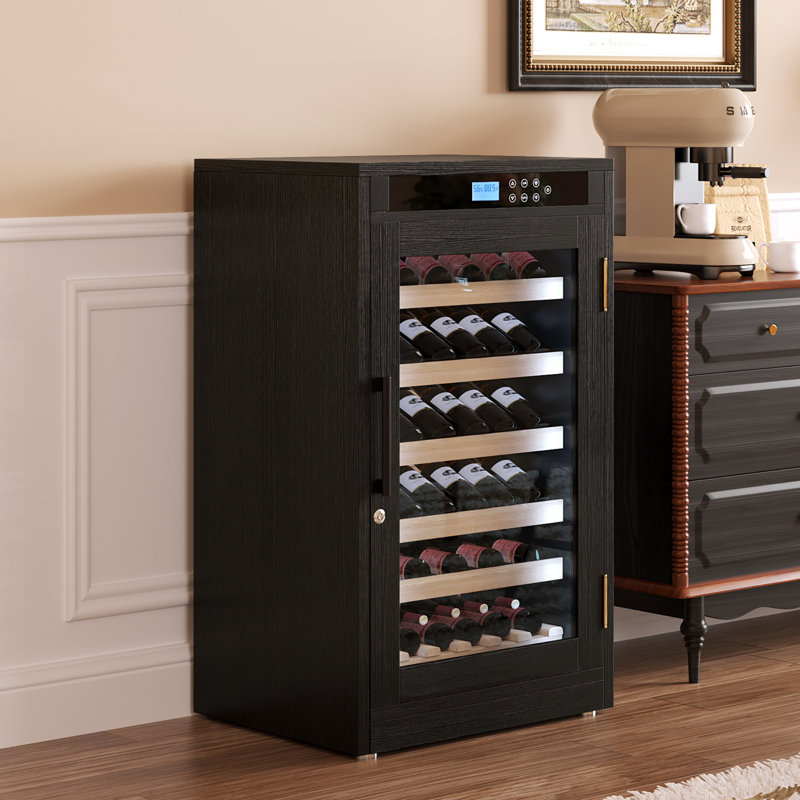 Freestanding Red Oak Wine Cabinet with Embraco Compressor, Humidity Control & UV Glass Door
