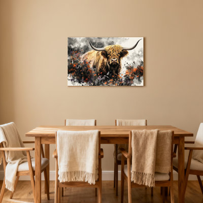 Highland Cow With Autumn Flowers Canvas Wrapped Wall Art Set Of 1