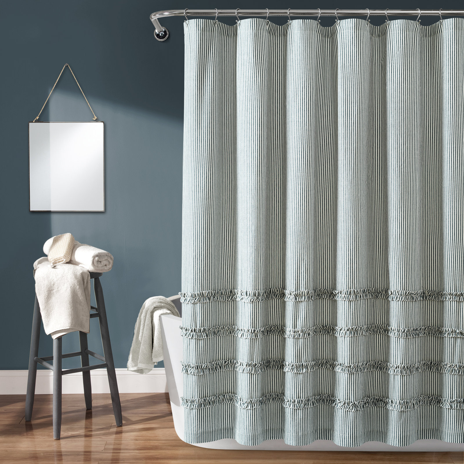 Vintage Stripe Organic Cotton Shower Curtain, Denim Blue