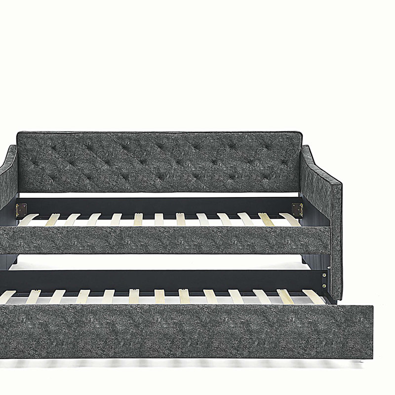 Twin Size Daybed with Twin Size Trundle, Upholstered Tufted Sofa Bed, Gray