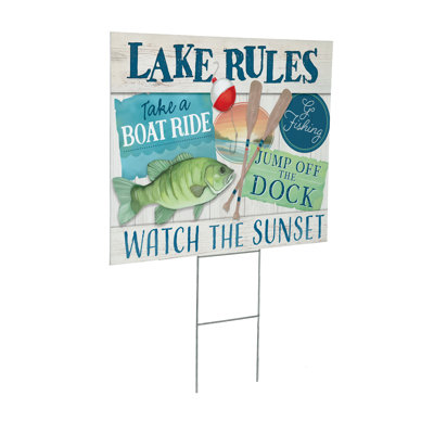 Enseigne de jardin côtière bleue Lake Rules, 24 po x 18 po