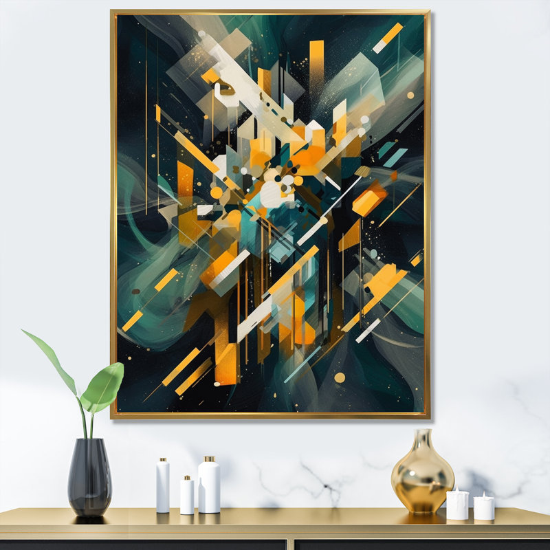 «Yellow and Green Dancing with Colors III», reproduction d'art sur toile, Cadre flottant doré, H 32 po x l 24 po x P 1 po