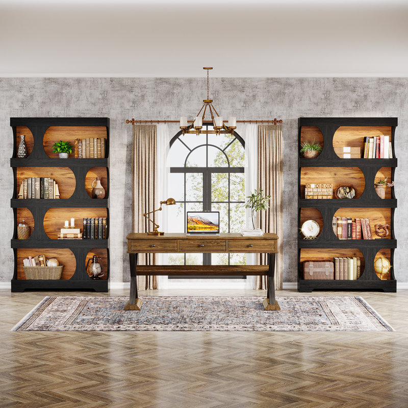 4-Tier Tall Bookcase, 70.9" Wooden Large Bookshelf, Jalal, 2, Black/Brown